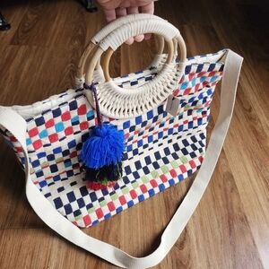 Colorful Woven Tote Bag with Wooden Handles